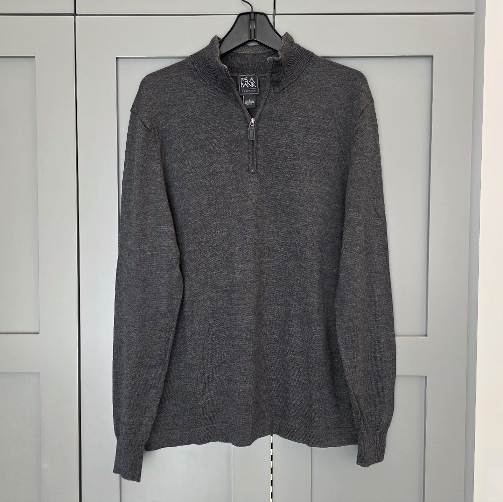 Jos‎ A Bank Traveler 100% Merino Wool Sweater Men's 1/4 Zip Mock Neck Large Gray